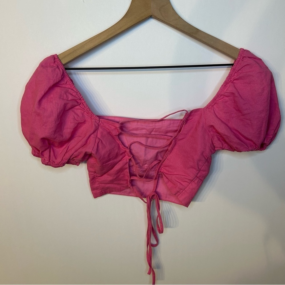 Princess Polly Raphael Puff Sleeve Crop Top in Pink with Tie Back, Size 0 - Picture 5 of 10